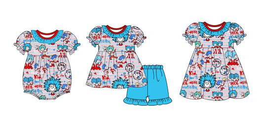 12.12 custom each style moq 5eta 4-6week Sibling Sister dr seuss baby girl short sleeve shorts sets and dress and rompers match family design