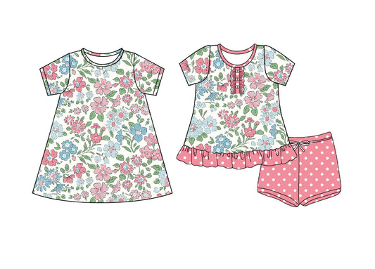 4.8 custom each style moq 5eta 4-6week Sibling Sister floral baby girl short sleeve shorts sets and dresses match design