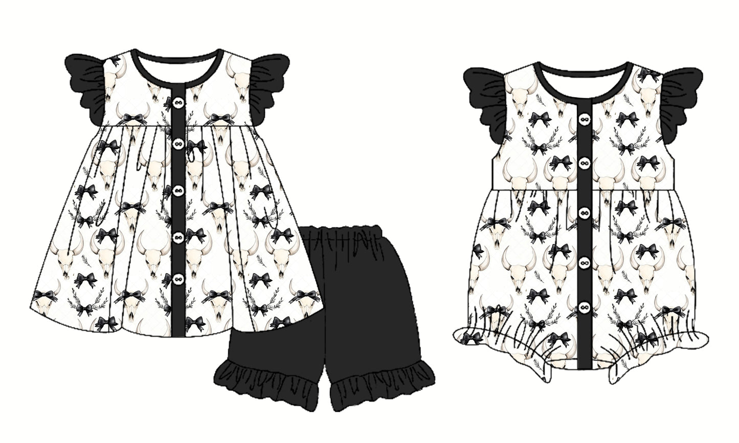 2.26 custom each style moq 5eta 4-6week Sibling Sister cow head bow baby girl short sleeve shorts sets and romper match design