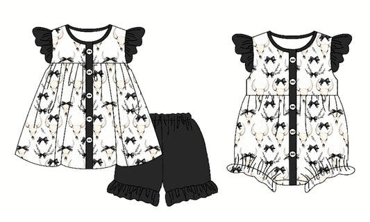 2.26 custom each style moq 5eta 4-6week Sibling Sister cow head bow baby girl short sleeve shorts sets and romper match design