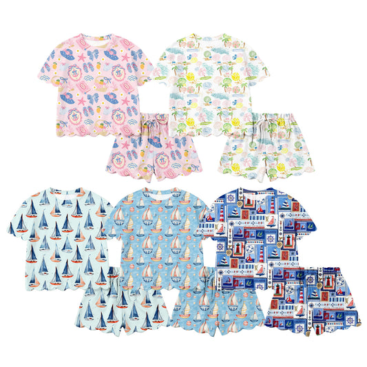26.1.23 custom each style moq 5 eta 6-8week Scallop Sibling Sisters bow baby girl clothes short sleeve shorts sets 5 match family design