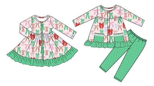 25.7.25 custom each style moq 5eta 4-6week Sibling Sisters Christmas bow baby girl long sleeve pants sets and dress match family design