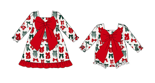 25.8.8 custom each style moq 5eta 4-6week Sibling Sisters Christmas bow red baby girl long sleeve dress and rompers match family design