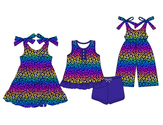 3.13 custom each style moq 5eta 4-6week Sibling Sister leopard baby girl short sleeve shorts sets and dresses and jumpsuit match design