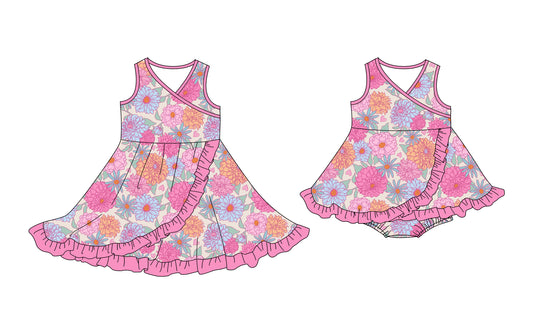 25.10.11 custom each style moq 5 eta 6-8week Sibling Sisters floral baby girl short sleeve dress and romper match family design