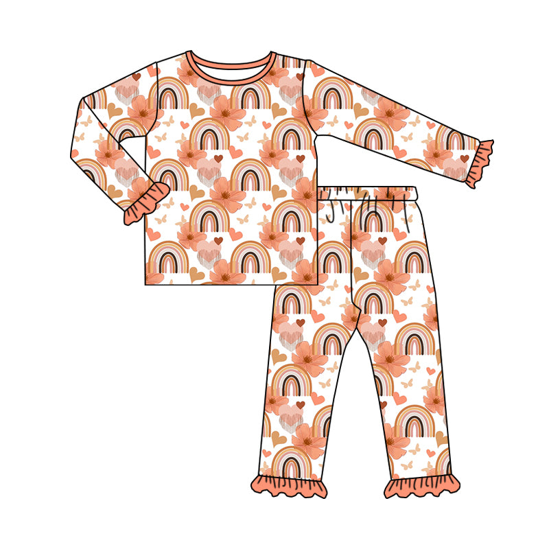 8.2 custom each style moq 5eta 4-6week Sibling Sister rainbow floral orange baby girls sets and dress and rompers match family design