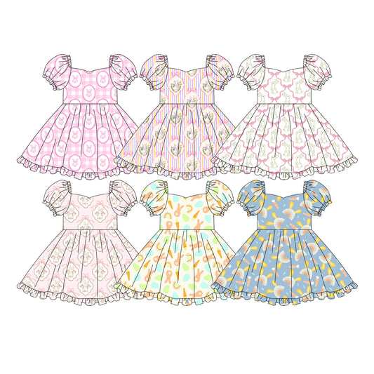 Custom moq 5 mix size Sibling Baby Girl's Rabbit print  Knee-Length Dress Summer Easter Dress for Little Girls