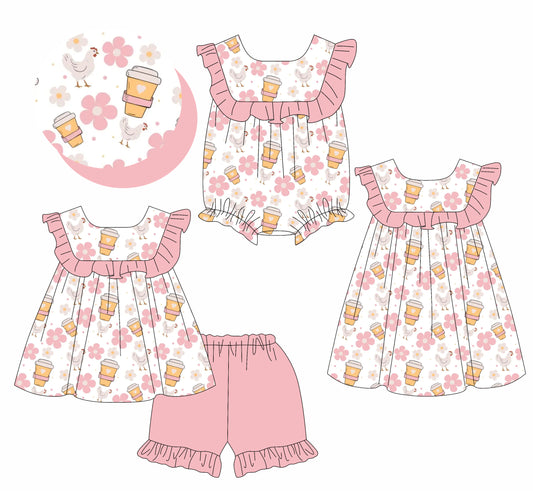 4.1 custom each style moq 5eta 4-6week Sibling Sisters floral baby girl short sleeve shorts sets and dress and rompers match family design
