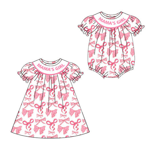 4.19 custom each style moq 5eta 4-6week Sibling Sisters MAMA GIRL bow baby girl short sleeve dress and rompers match family design