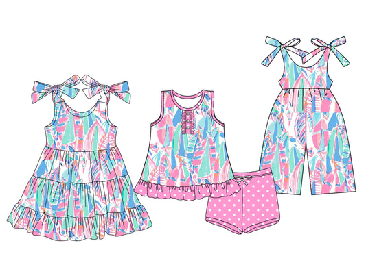 3.14 custom each style moq 5eta 4-6week Sibling Sister baby girl short sleeve shorts sets and dresses and jumpsuit match design