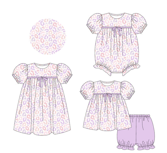 25.5.23 custom each style moq 5eta 4-6week Sibling Sisters leopard purple baby girl short sleeve shorts sets and dress and rompers match family design