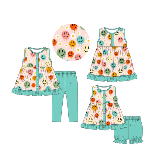 5.5 custom each style moq 5eta 4-6week Sibling Sisters smiley floral baby short sleeve shorts sets and pants sets and dress match family design