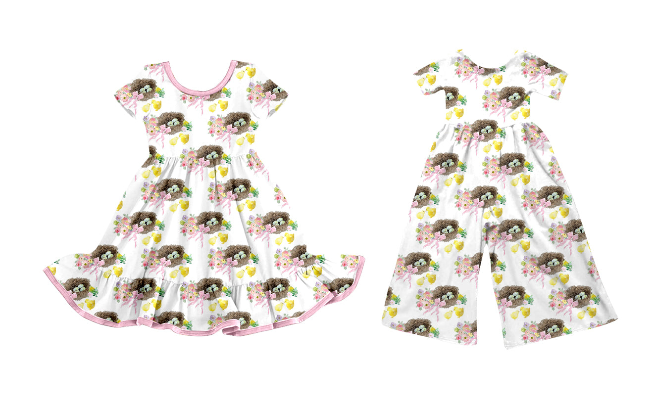 25.9.22 custom each style moq 8 eta 6-8week Sibling Sisters floral bow baby girl long sleeve dress and jumpsuit match family design