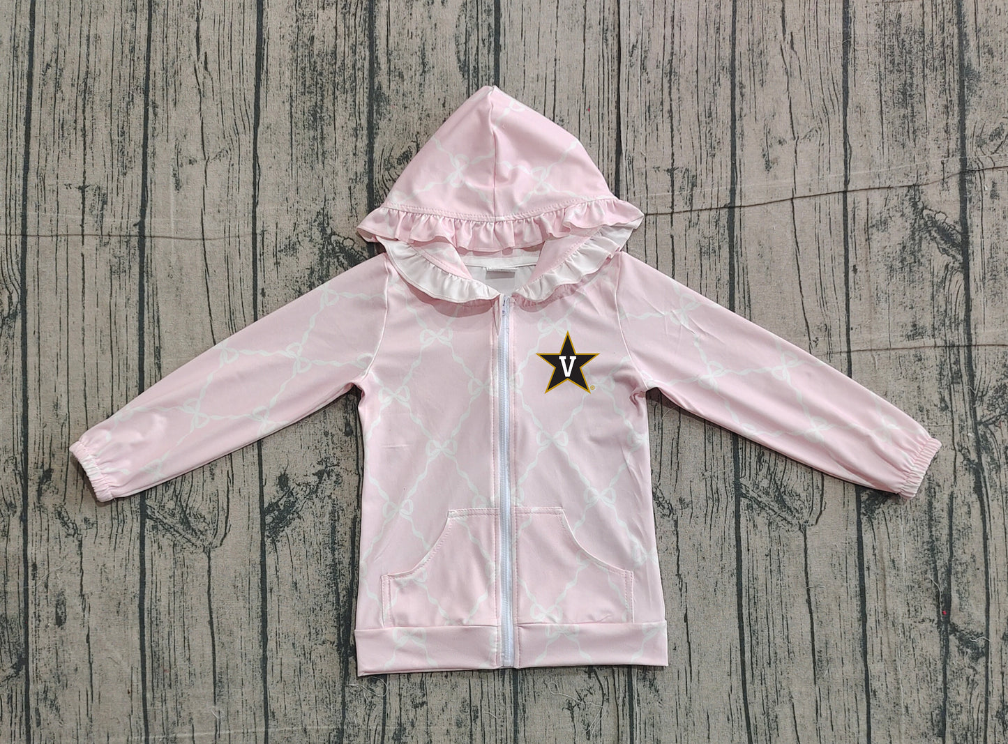 Custom moq 5 mix size milk silk baby girls clothes team summer lace bow pink zipper hooded long sleeve top-25.11.22
