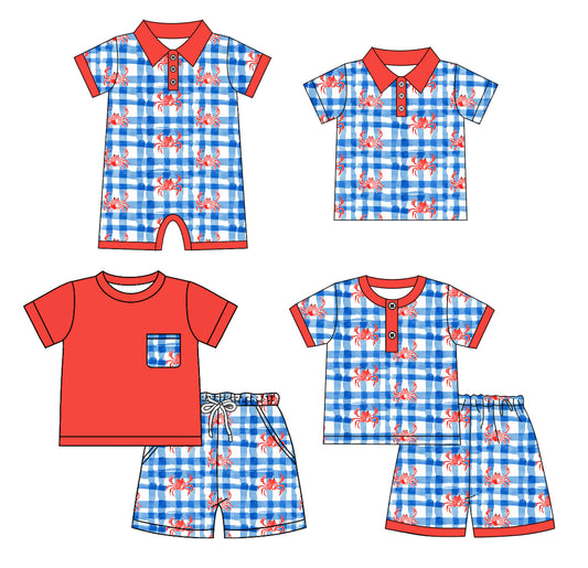 4.23 custom each style moq 5eta 4-6week Sibling Sister crab baby boy sets 1 and sets 2 and boy rompers and top match family design