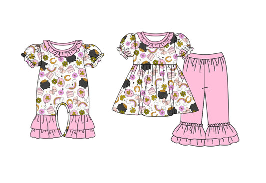12.7 custom each style moq 5eta 4-6week Sibling Sister bow pink baby girls short sleeve sets and rompers match design