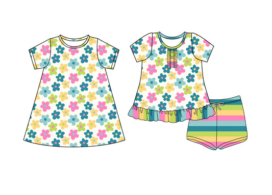 4.10 custom each style moq 5eta 4-6week Sibling Sister floral baby girl short sleeve shorts sets and dresses match design