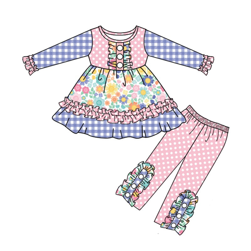 5.9custom each style moq 5eta 4-5week Sibling Sister flower print pink dot blue plaid girls set and baby romper match family design