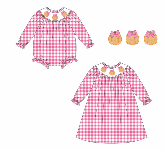 25.5.14 custom each style moq 5eta 4-6week Sibling Sisters pumpkin bow baby girl long sleeve dress and rompers match family design
