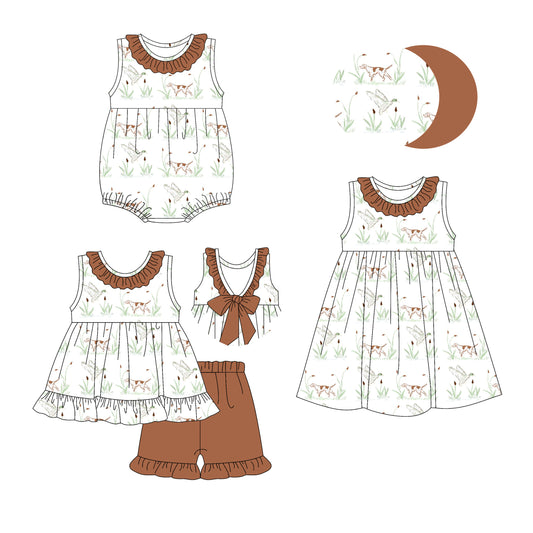 3.11 custom each style moq 5eta 4-6week Sibling Sisters duck puppy baby girl short sleeve shorts sets and dress and rompers match family design