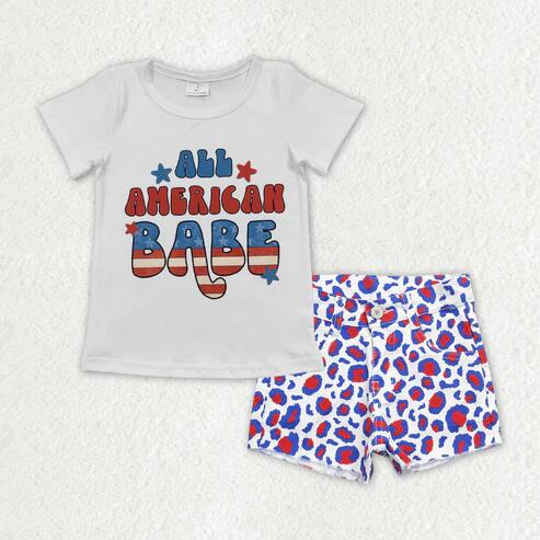 RTS NO MOQ Sibling Baby Girls 4th of July Outfit Set Top with Denim Pockets Shorts Clothing