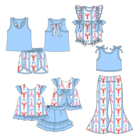 25.10.13 custom each style moq 5 eta 6-8week Sibling Sisters lobster bow blue baby girl short sleeve shorts sets 1 and sets 2 and pants sets and rompers match family design