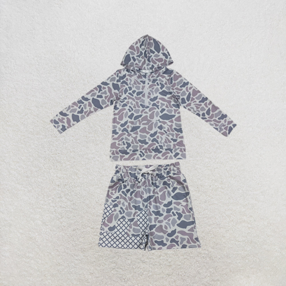 RTS NO MOQ Sibling milk silk Baby Girls Long Sleeve Grey Camo Print Hoodie Top Matching Pocket Shorts Two Piece Casual Clothes Set