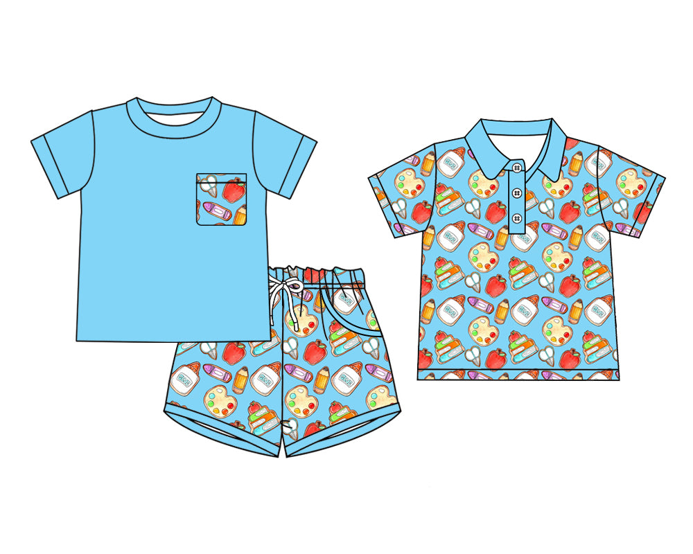 Custom moq 5 mix size Sibling blue Back To School Short-Sleeved shorts set Short-Sleeved Polo Shirt  Clothing