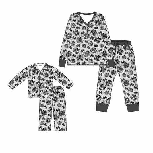 25.5.13 custom each style moq 5eta 4-6week Sibling Sister pumpkin bow long sleeve pants sets and adult sets match design