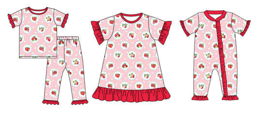 11.29 custom each style moq 5eta 4-6week Sibling Sister strawberry floral baby girl sets and dress and rompers match family design