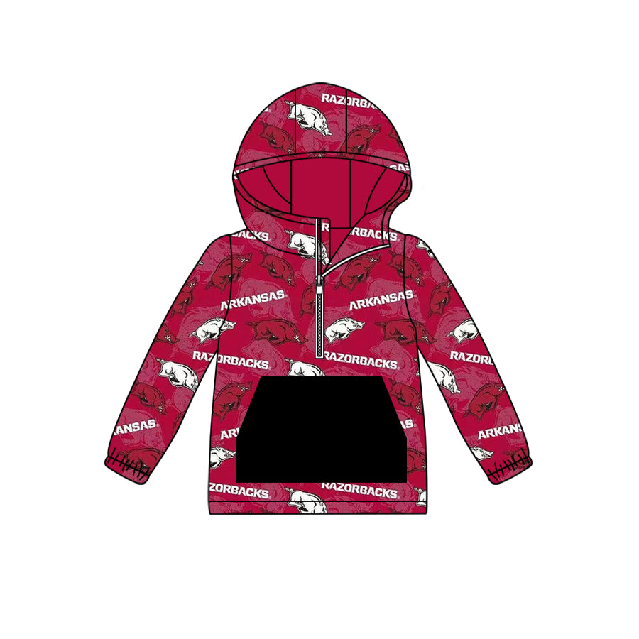 custom moq 3 eta 6-7weeks Red and black lettering long sleeve zipper pocket hooded pullover
