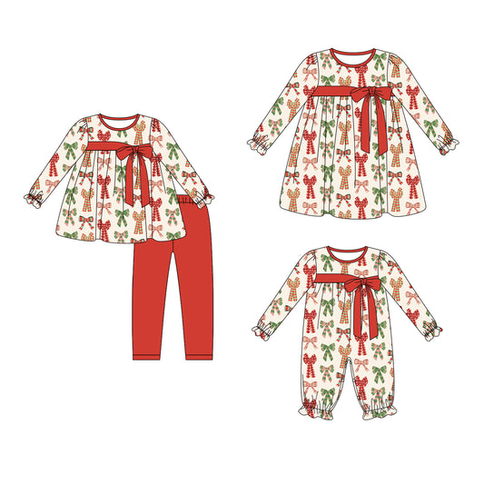 25.5.29 custom each style moq 5eta 4-6week Sibling Sisters Christmas bow baby girl long sleeve pants sets and dress and rompers match family design