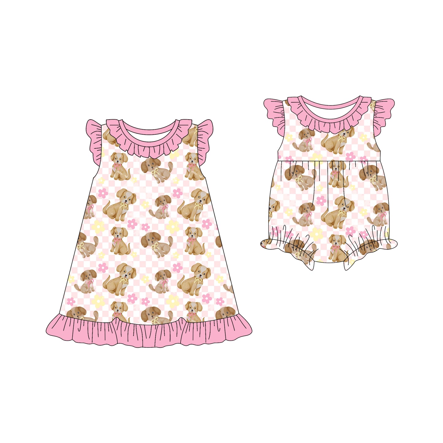 25.12.16 custom each style moq 5 eta 6-8week Sibling Sister puppy bow baby short sleeve romper and dress match design