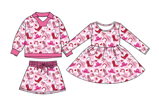 25.11.20 custom each style moq 5 eta 6-8week Sibling Sister boot bow love baby girl long sleeve skirts sets and dress match design