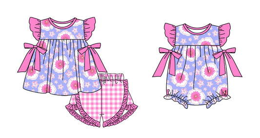 3.26 custom each style moq 5eta 4-6week Sibling Sister floral baby girl short sleeve shorts sets and romper match design