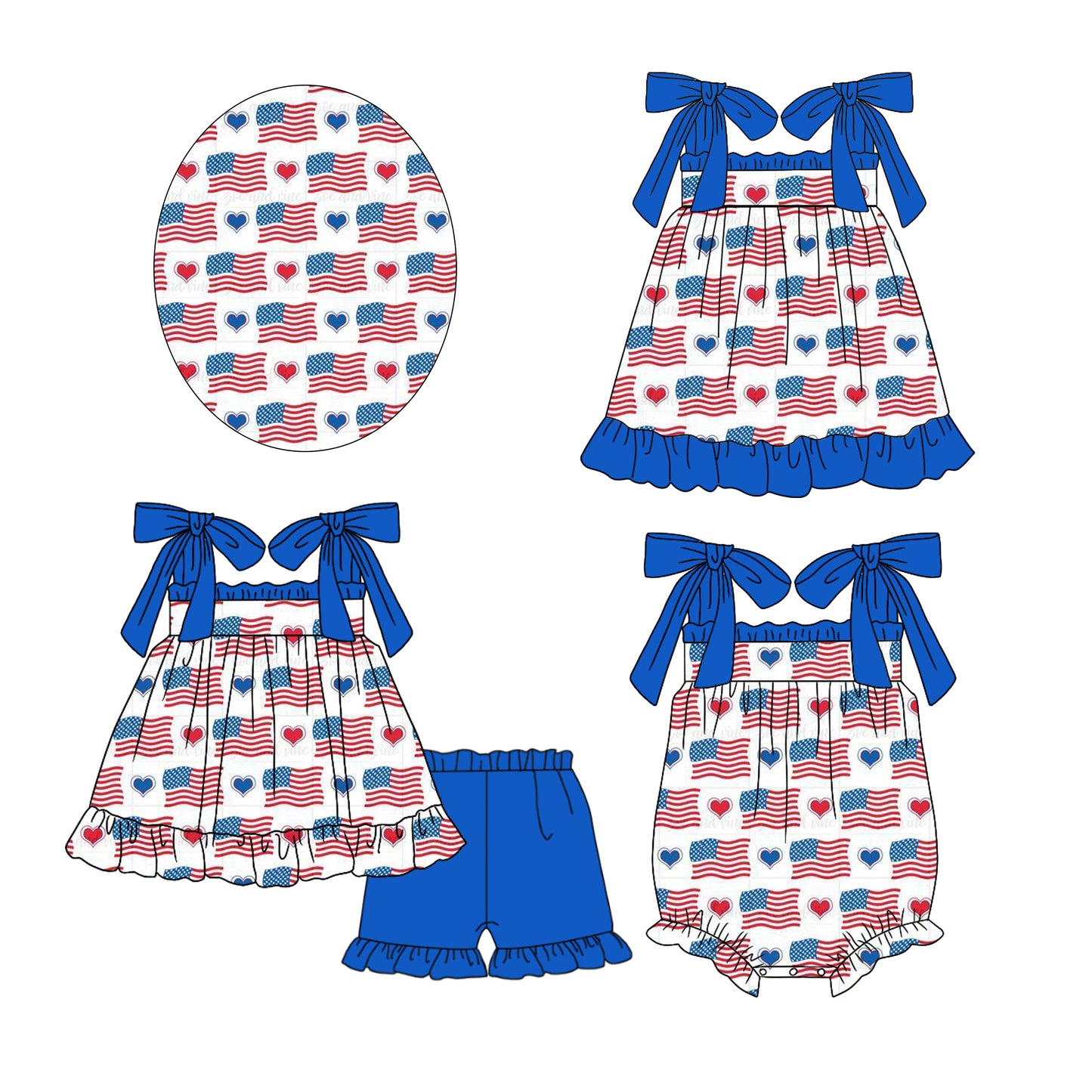 12.2 custom each style moq 5eta 4-6week Sibling Sister flag baby girl short sleeve shorts sets and dress and rompers match family design