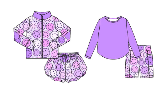 25.8.30 custom each style moq 5eta 4-6week Sibling Sisters smiley purple baby girl long sleeve shorts sets and skirts sets match family design