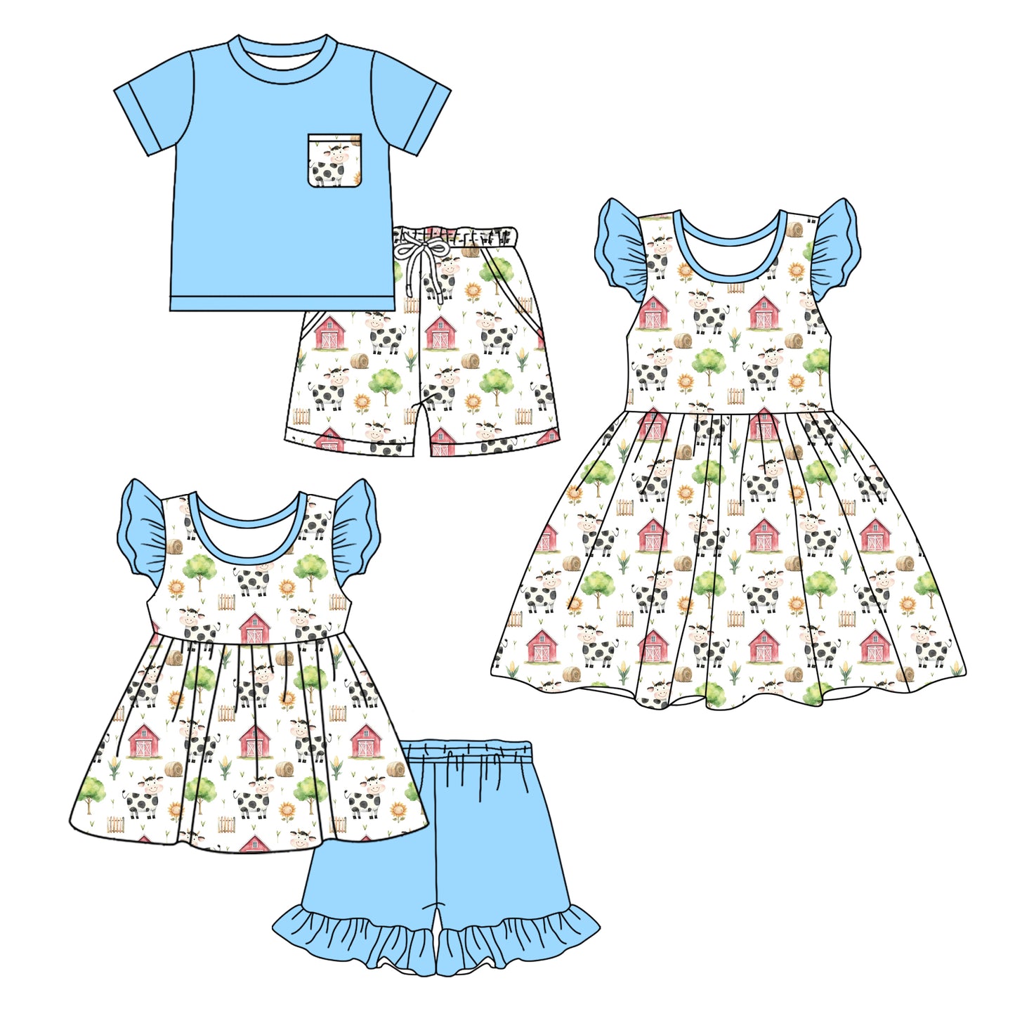 2.12 custom each style moq 5eta 4-6week Sibling Sister farm baby girl short sleeve shorts sets and sets 2 and dress match design