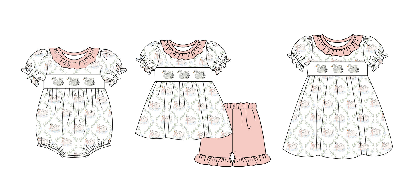 2.17 custom each style moq 5eta 4-6week Sibling Sister duck baby girl short sleeve shorts sets and dress and girl romper match design