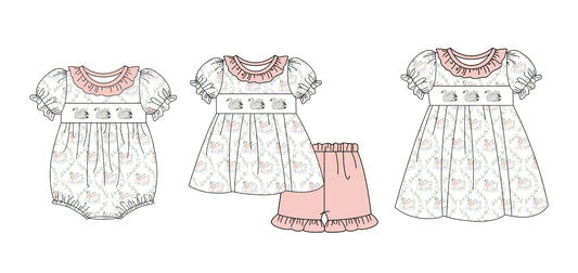 2.17 custom each style moq 5eta 4-6week Sibling Sister duck baby girl short sleeve shorts sets and dress and girl romper match design