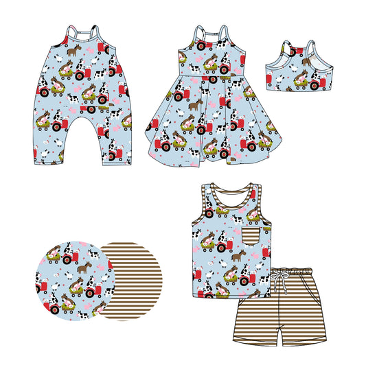 3.19 custom each style moq 5eta 4-6week Sibling Sisters cow baby girl short sleeve shorts sets and dress and rompers match family design