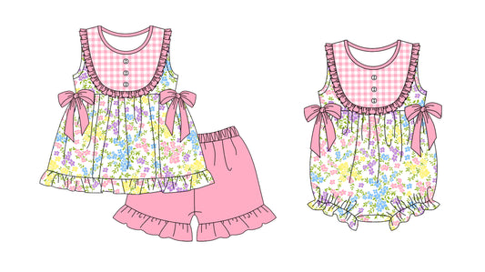 11.19 custom each style moq 5eta 4-6week Sibling Sister floral baby girl short sleeve shorts sets and rompers match design