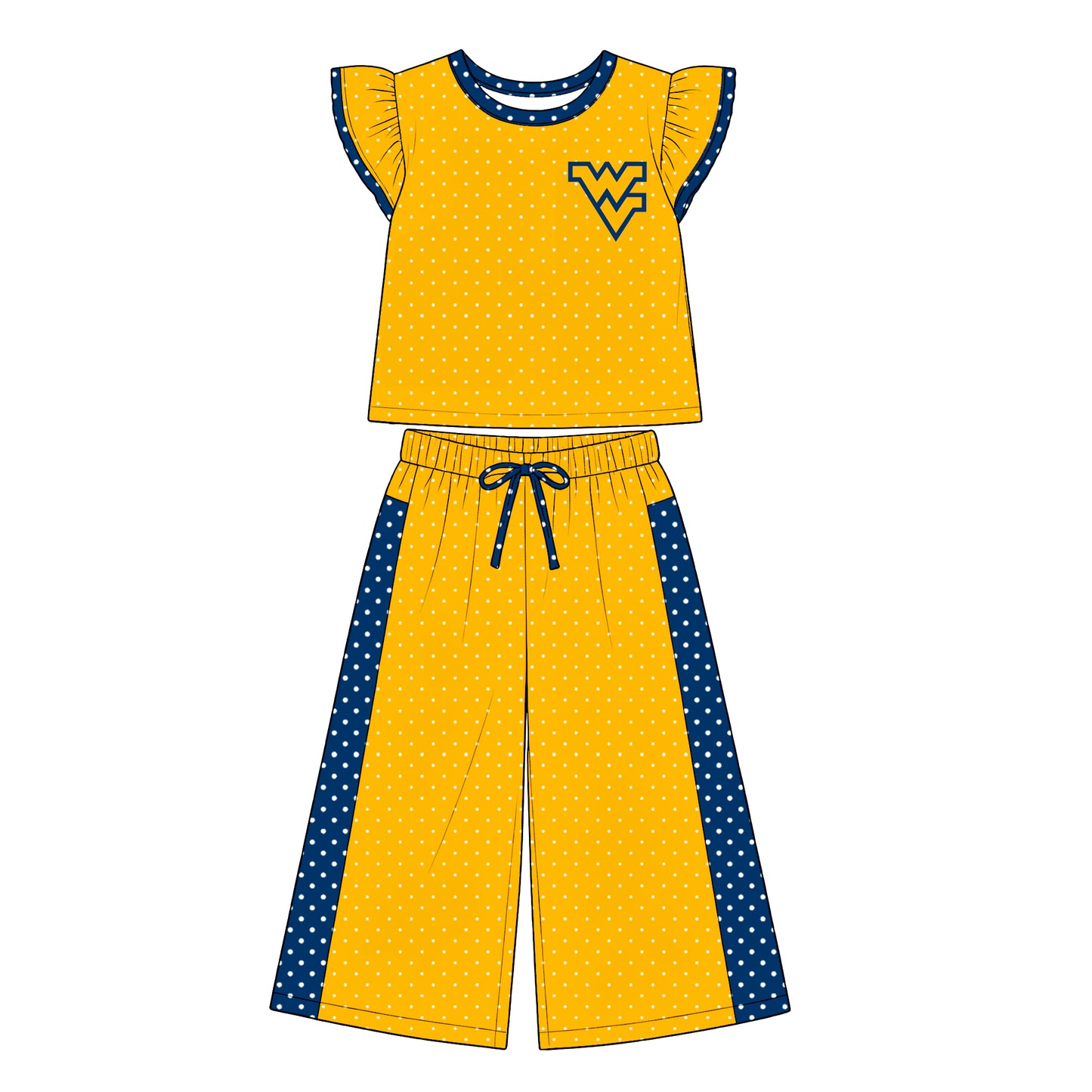 custom moq 5 mix size XRCXF071401 Baby Girls Polka Dot Print Flutter Sleeve Top Bell Bottom Flare Pants Two Piece Team Clothes Set