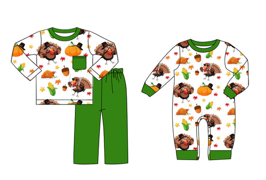 25.7.1 custom each style moq 5eta 4-6week Sibling Sisters turkey pumpkin baby boy long sleeve pants sets and rompers match family design