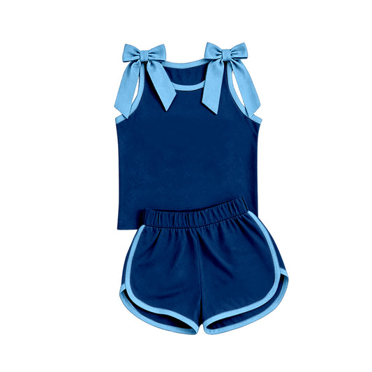 custom moq 5 mix size Baby Girls Light Blue Bow Sleeveless Navy Blue Top Shorts Team Athletic Set