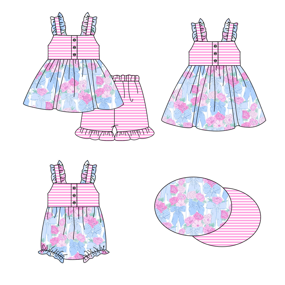 1.16 custom each style moq 5eta 4-6week Sibling Sisters floral baby girl short sleeve shorts sets and dress and rompers match family design