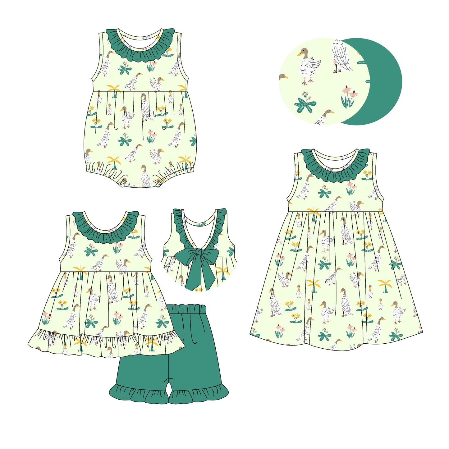 3.7 custom each style moq 5eta 4-6week Sibling Sisters duck baby girl short sleeve shorts sets and dress and rompers match family design