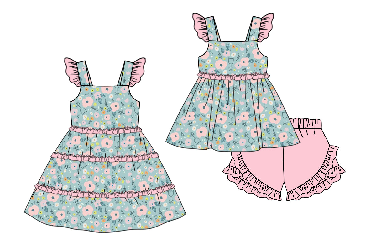11.13 custom each style moq 5eta 4-6week Sibling Sister floral baby girl short sleeve shorts sets and dresses match design