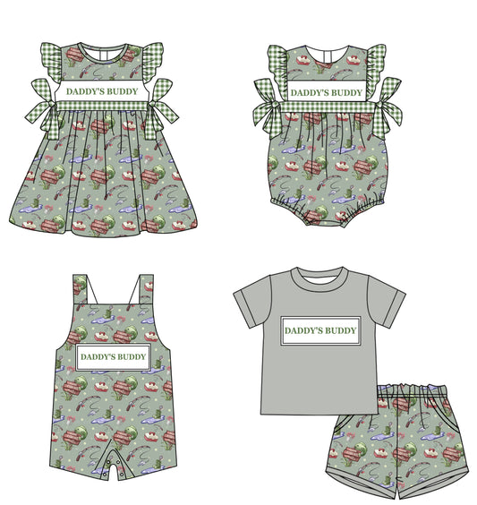 11.21 custom each style moq 5eta 4-6week Sibling Sister DADDY BUDDY baby boy short sleeve shorts sets and girls romper and boy romper and dress match design
