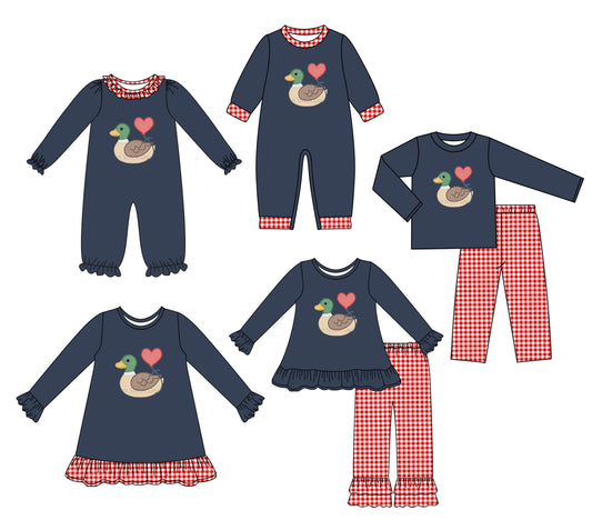 25.9.20 custom each style moq 8 eta 6-8week Sibling Sister love duck baby long sleeve pants sets 2 and romper 2 and dress match design